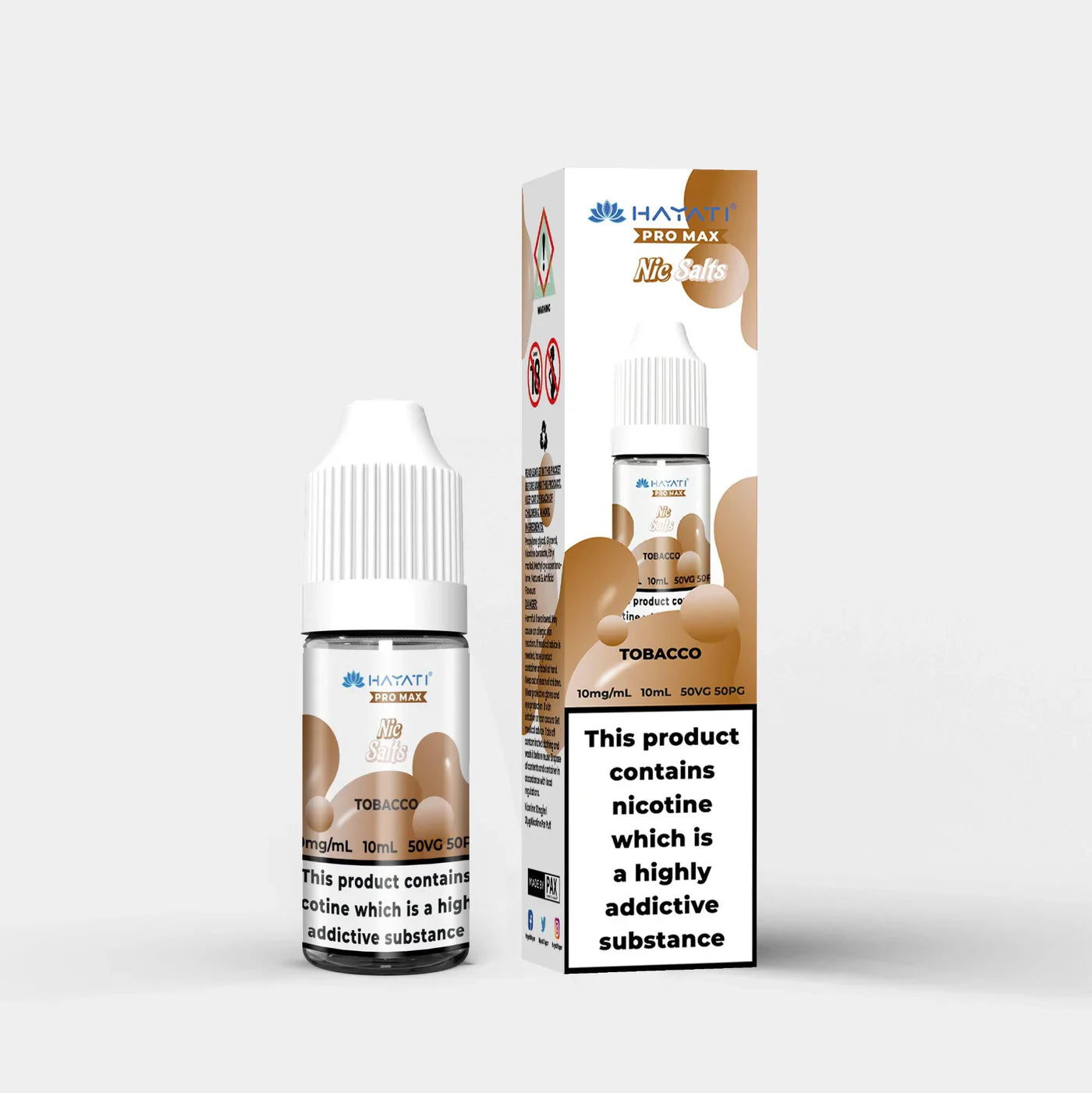 Hayati Nic Salts 10ml e-liquid bottle and box with tobacco flavor and nicotine warning label