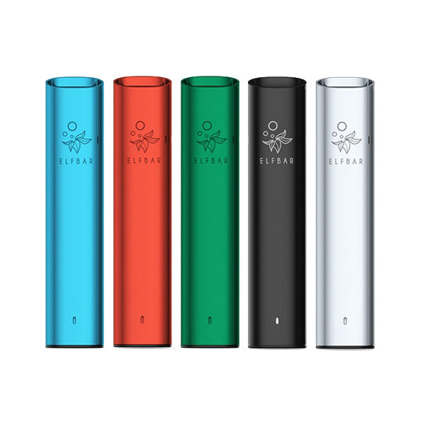 Elf Bar Elf Mate 500 pod starter kit devices in blue, red, green, black, and white with sleek aluminium design.