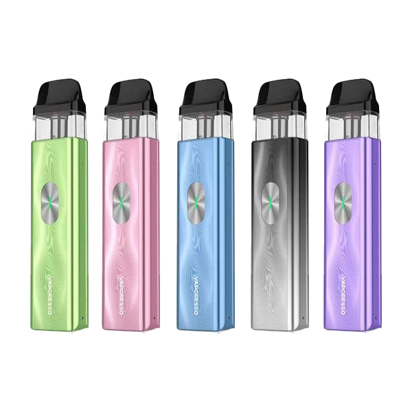Vaporesso XROS 4 Mini Kit portable vape devices in green, pink, blue, grey, and purple colors with sleek design and central button.