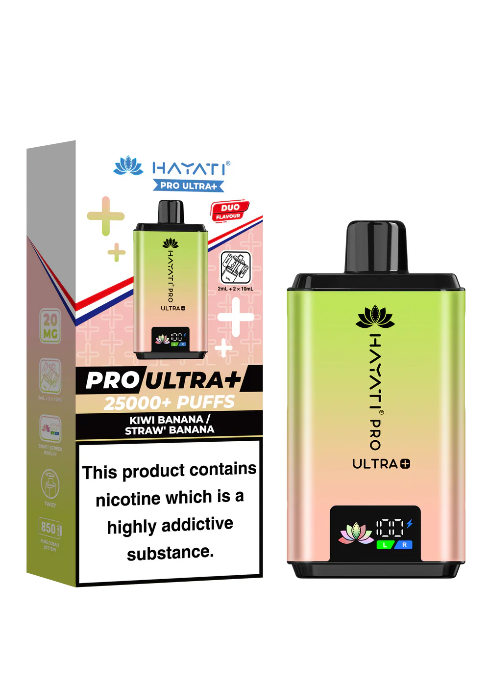 Hayati Pro Ultra+ reusable vape kit with 25000+ puffs, duo flavor system, smart battery display, and 20mg nicotine strength.