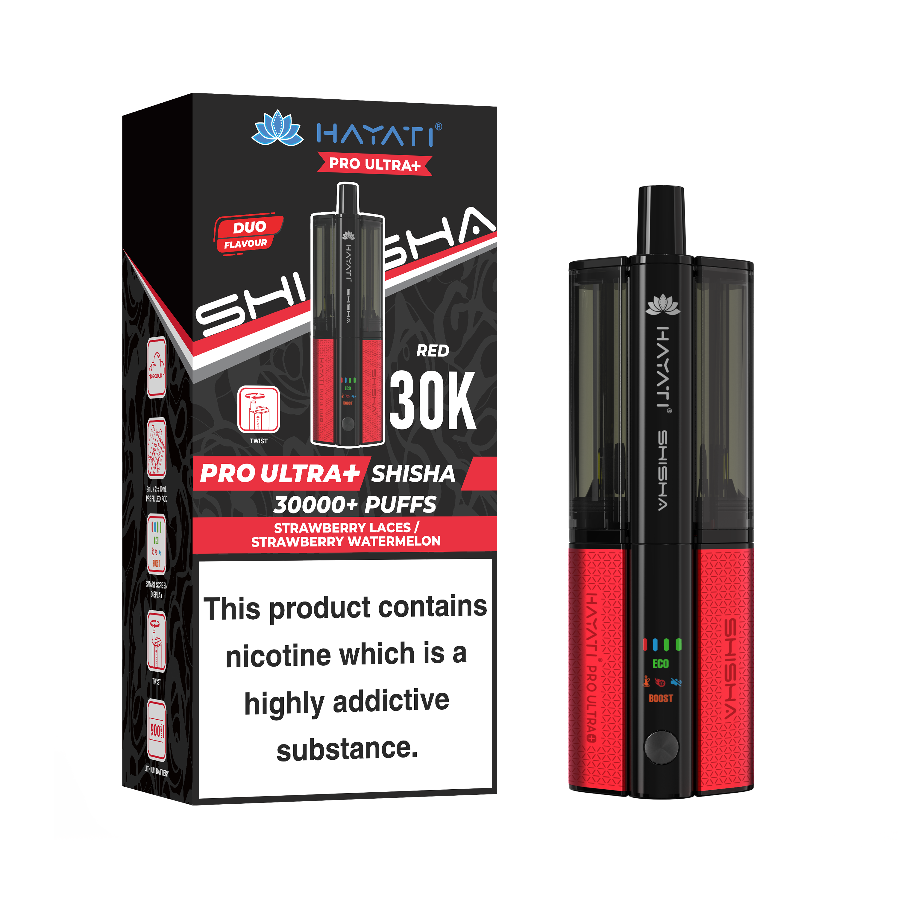 Red and Black Vape device with packaging displaying 'HAYATI' branding on a white background.