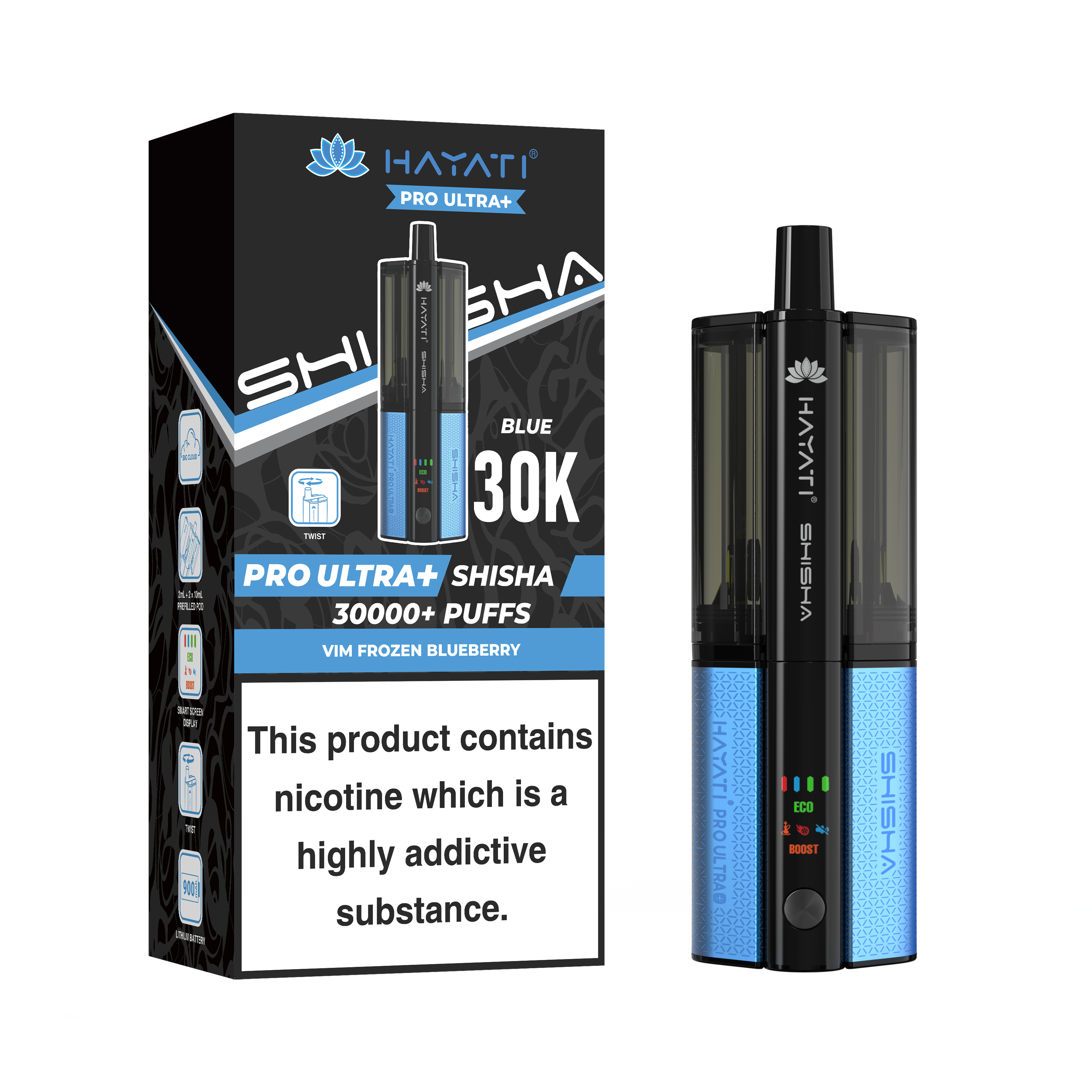 Blue and Black Vape device with packaging displaying 'HAYATI' branding on a white background.