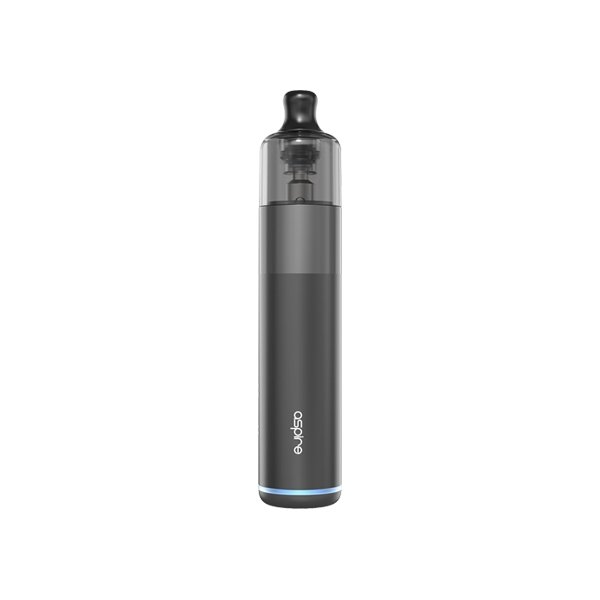 compact black Aspire Flexus Stik vaping device with transparent pod and anodized aluminum body