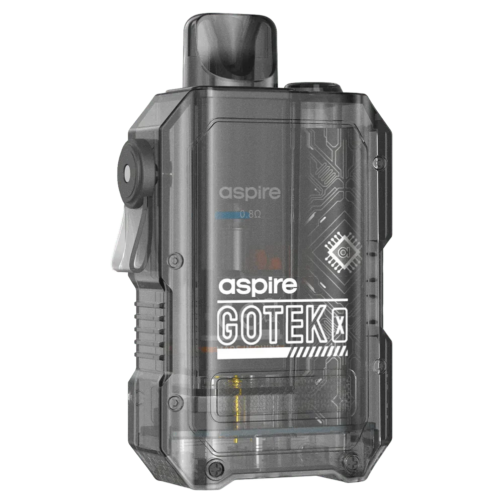 Aspire Gotek X pod kit with 650mAh battery, 2ml refillable pod, mesh coil, and side filling design in transparent black casing