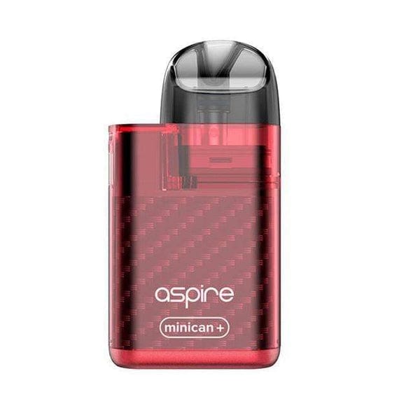 Red Aspire Minican+ Plus pod kit with carbon fiber texture and clear mouthpiece