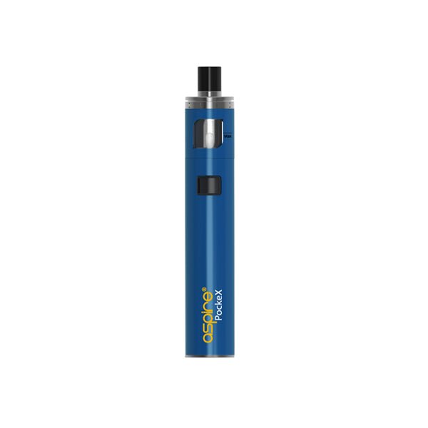 Blue Aspire PockeX Kit with stainless steel body, sub-ohm coil, and compact pen-style design for dense vapor and flavor.