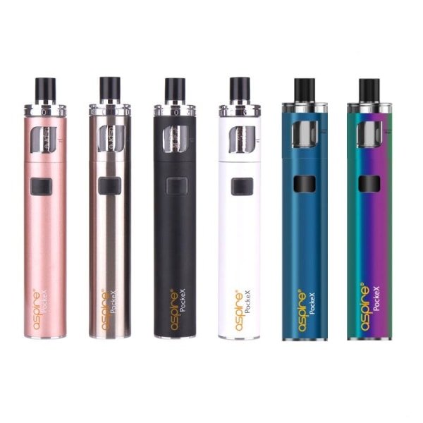 Aspire PockeX Kit compact stainless steel vape device with 0.6Ω coil, multiple color options, built-in 1500mAh battery, and top-airflow design for dense vapor production