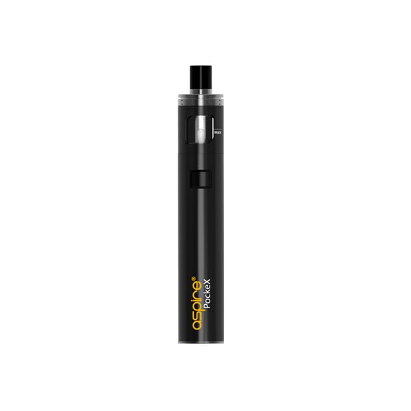 Black Aspire PockeX Kit with stainless steel coil and compact pen-style vape design