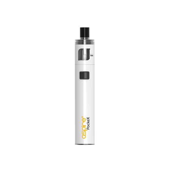 White Aspire PockeX Kit vape pen with stainless steel coil and ergonomic design