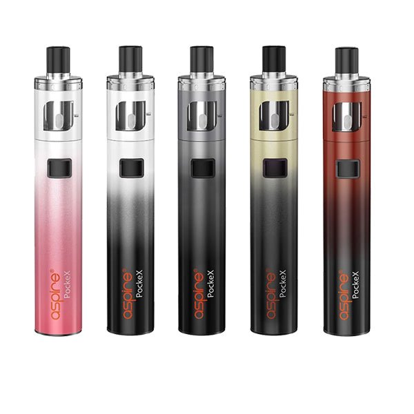 Five Aspire PockeX Kit anniversary edition vape devices in multiple gradient colors, compact and ergonomic design.