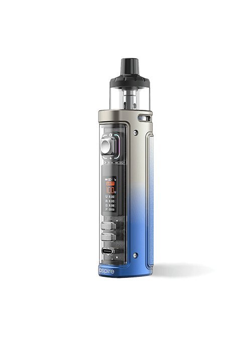 Aspire Veynom EX Pod Kit vaping device in metallic fade blue and silver with digital display and adjustable settings