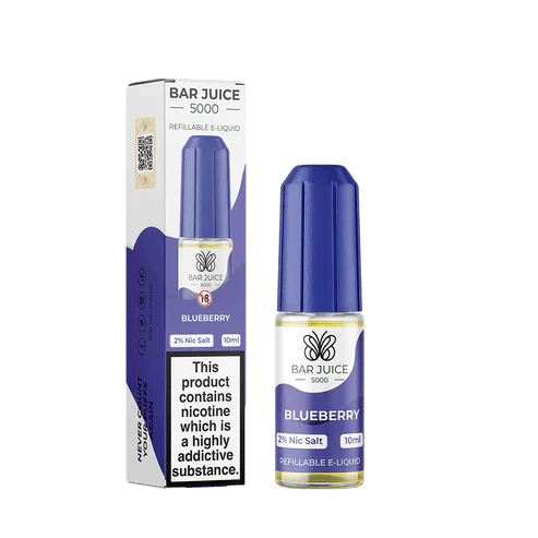 Bar Juice 5000 Blueberry 10ml Nic Salt E-Liquid bottle and packaging with 2% nicotine salt and refillable design