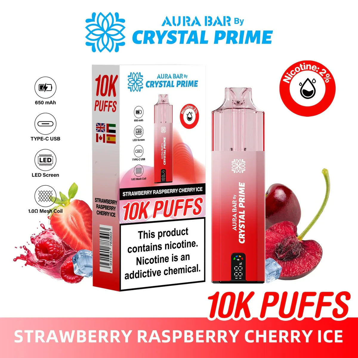 Crystal Prime 10000 Puffs reusable vape with strawberry raspberry cherry ice flavor and 10,000 puff capacity
