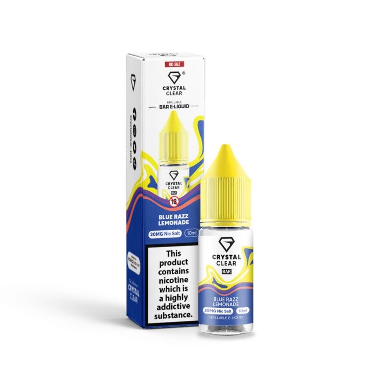 Crystal Clear Blue Razz Lemonade 10ml nic salt vape liquid with 20mg nicotine strength in recyclable bottle and childproof cap.