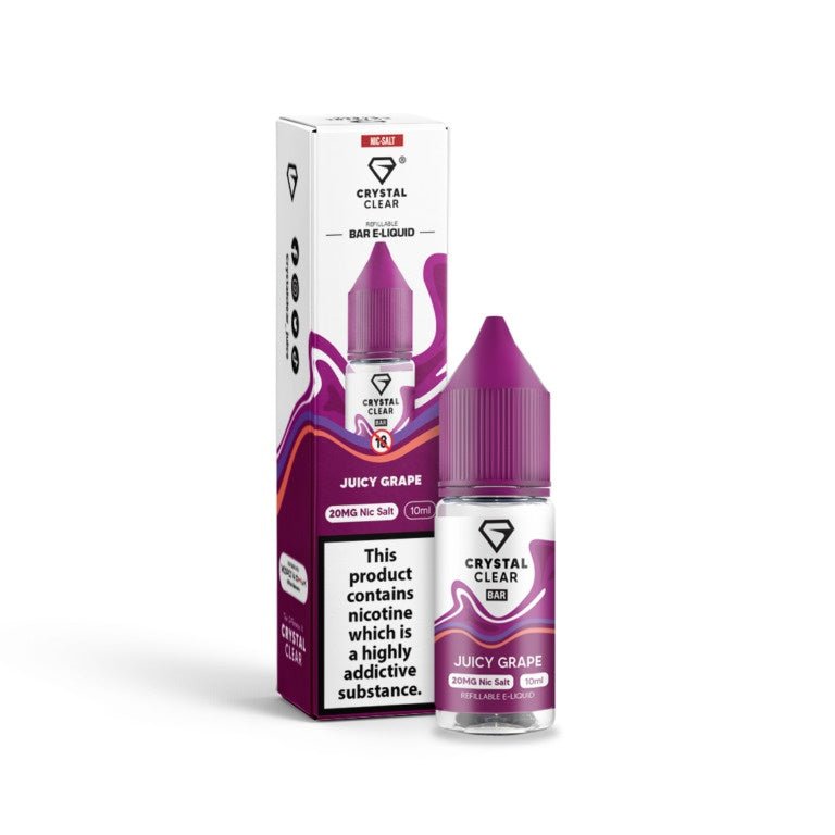 Crystal Clear Juicy Grape 10ml nic salt e-liquid bottle and box with 20mg nicotine for MTL vape kits