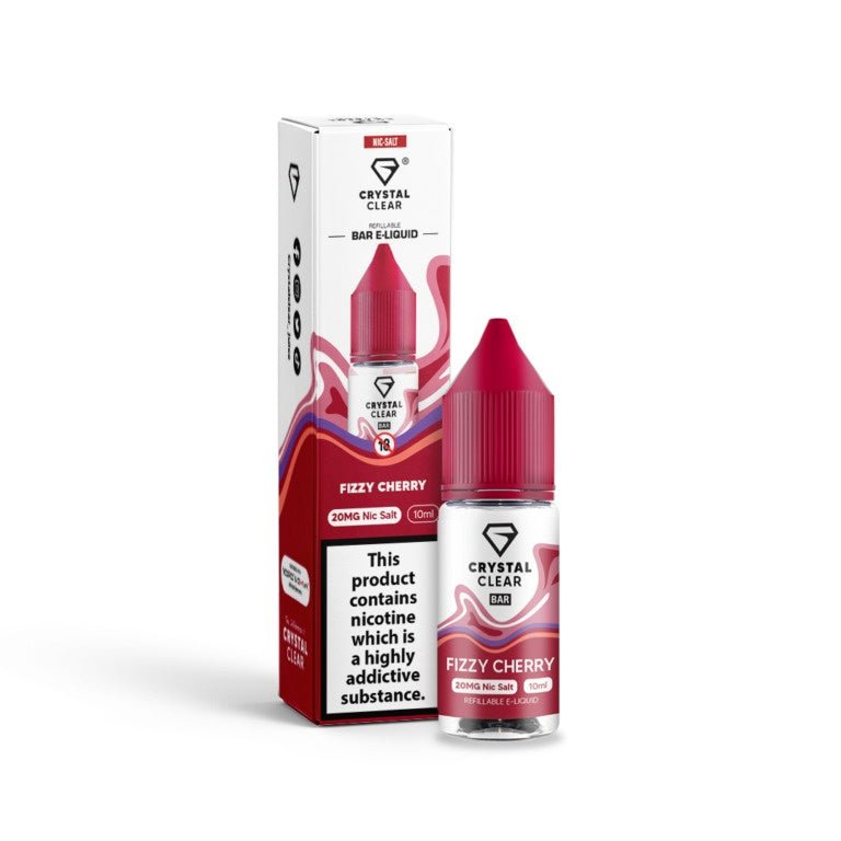 Crystal Clear Fizzy Cherry 10ml nic salt vape liquid with 20mg nicotine, 50% VG/PG, childproof cap, TPD compliant, designed for MTL vape kits, box of 10.
