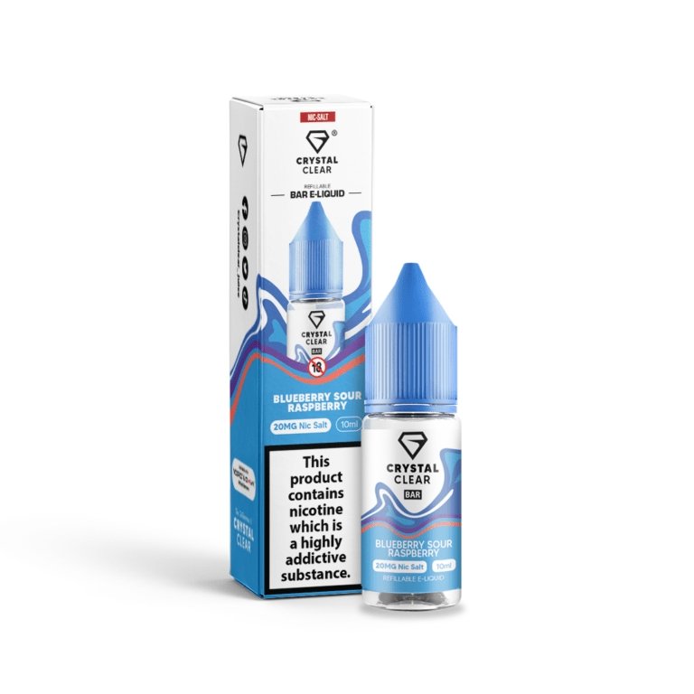 Crystal Clear 10ml Blueberry Sour Raspberry nic salt e-liquid bottle and box for MTL vape kits, 20mg nicotine, childproof cap, recyclable bottle