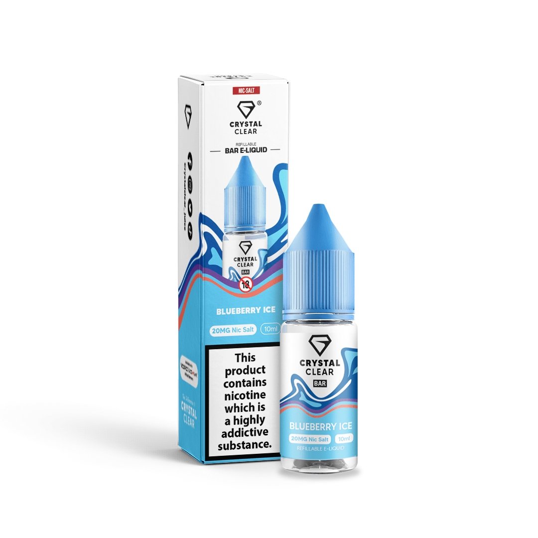 Crystal Clear 10ml Blueberry Ice nicotine salt e-liquid with 20mg strength, 50% VG/PG, childproof cap, recyclable bottle, TPD compliant for MTL vape kits.