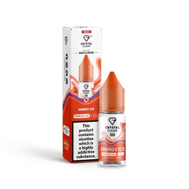 Crystal Clear 10ml Nic Salt Energy Ice e-liquid bottle and box with nicotine warning label and orange cap designed for MTL vape kits.