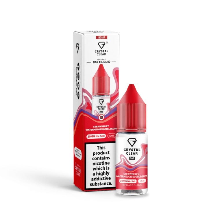 Crystal Clear 10ml Nic Salt vape juice bottle and packaging with strawberry watermelon bubblegum flavor and 20mg nicotine strength.