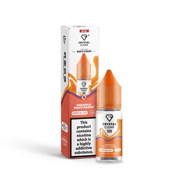 Crystal Clear 10ml nicotine salt e-liquid with pineapple peach mango flavor, 20mg strength, 50% VG/PG, for MTL vape kits, TPD compliant, childproof cap, recyclable bottle.