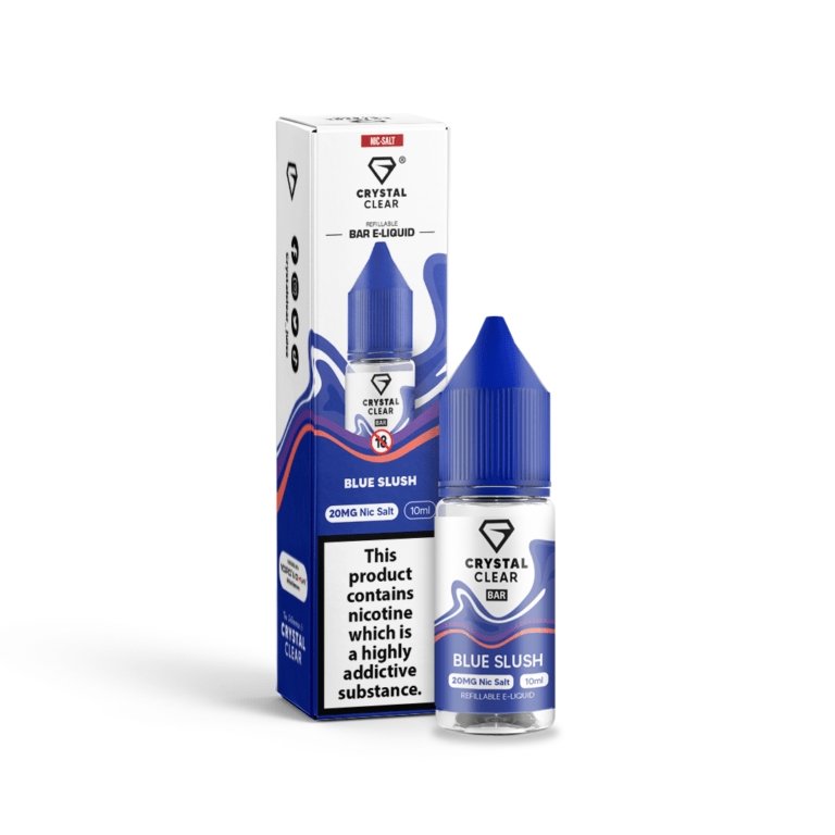 Crystal Clear Blue Slush 10ml nic salt e-liquid bottle and box with 20mg nicotine for MTL vape kits