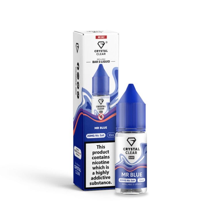 Crystal Clear 10ml Nic Salt e-liquid in Mr Blue flavor with 20mg nicotine, childproof cap, and recyclable bottle, designed for MTL vape kits.