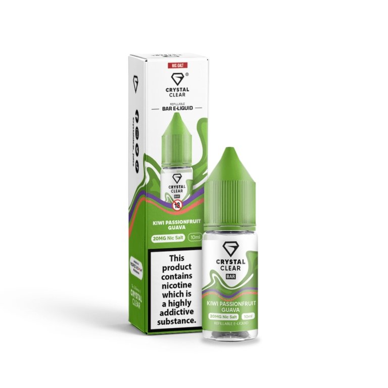 Crystal Clear 10ml nic salt e-liquid box of 10 with 10mg and 20mg nicotine, 50% VG/PG, MTL vape, childproof recyclable bottle