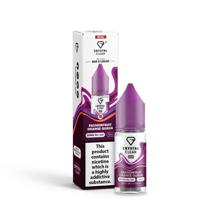 Crystal Clear 10ml Nic Salt e-liquid box of 10 with 20mg nicotine strength, passionfruit orange guava flavor, 50% VG/50% PG, designed for MTL vape kits, childproof cap and recyclable bottle.