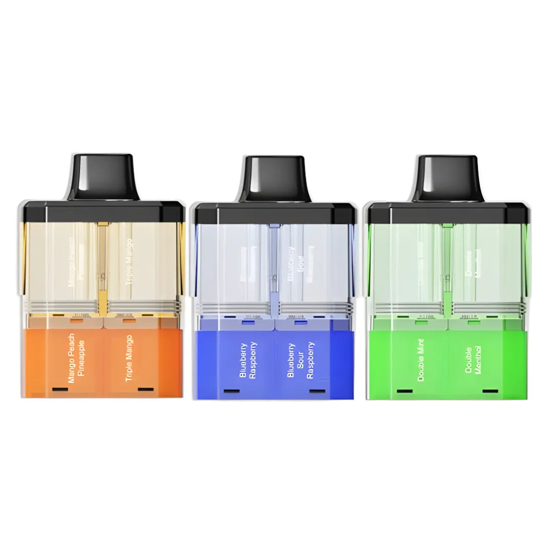 Set of three Crystal Galaxy Focus 2 30K prefilled pods in orange, blue, and green with 2ml capacity and flavor labels.
