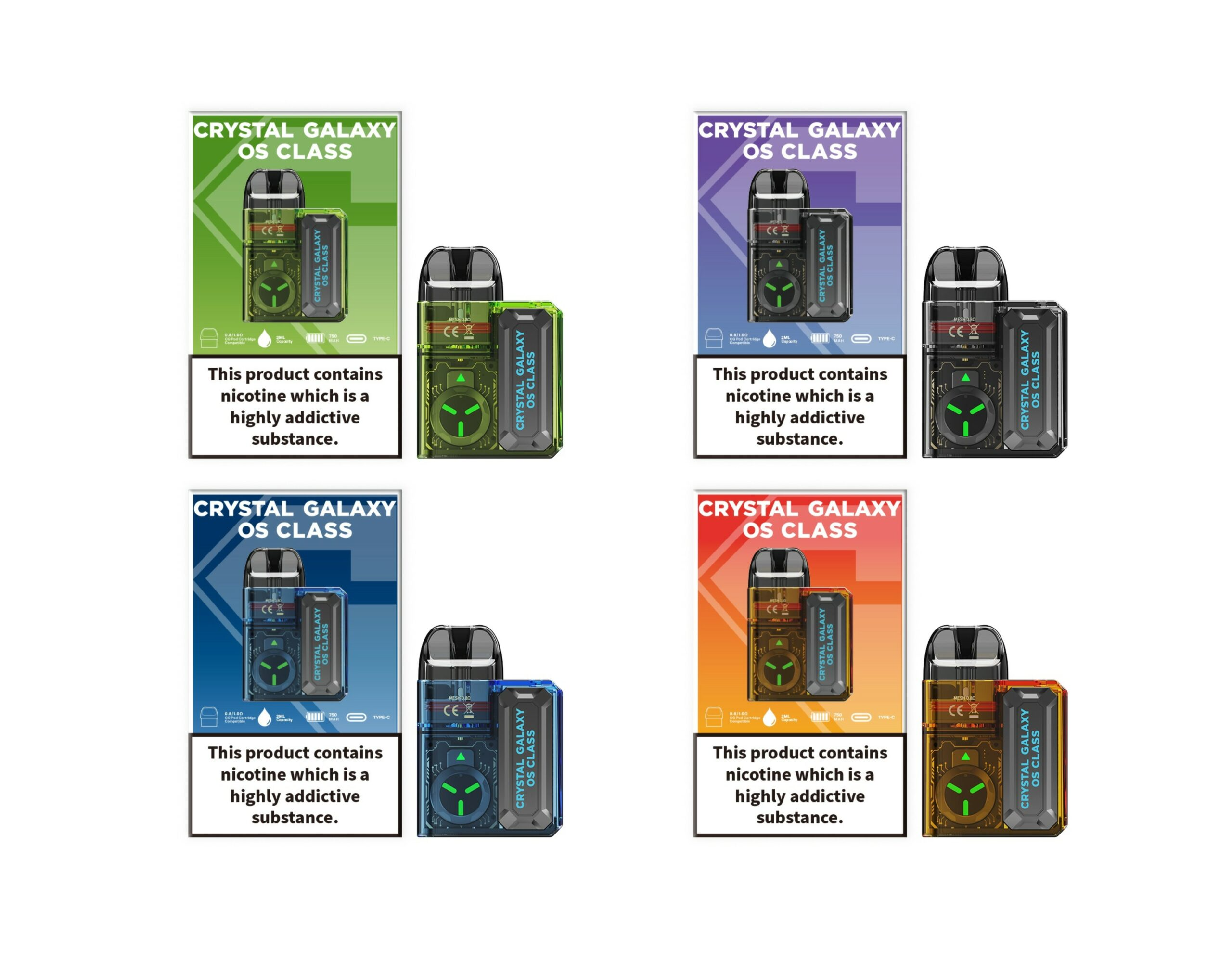 CRYSTAL GALAXY OS CLASS pod vape kit in green, purple, blue, and orange with sleek design and replaceable pods.