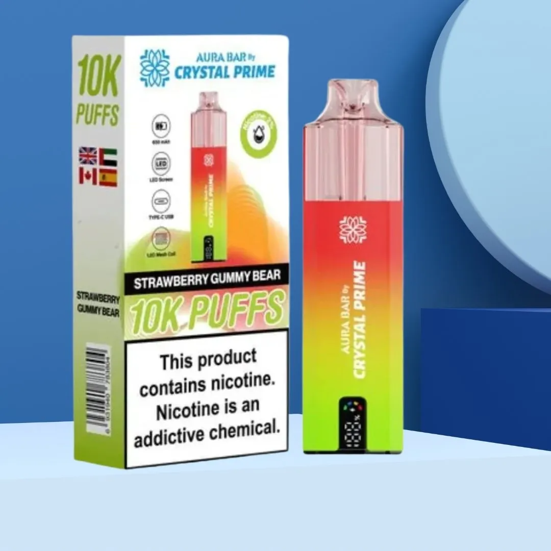 Crystal Prime 10000 Puffs reusable vape in Strawberry Gummy Bear flavor with LED display and mesh coil technology.