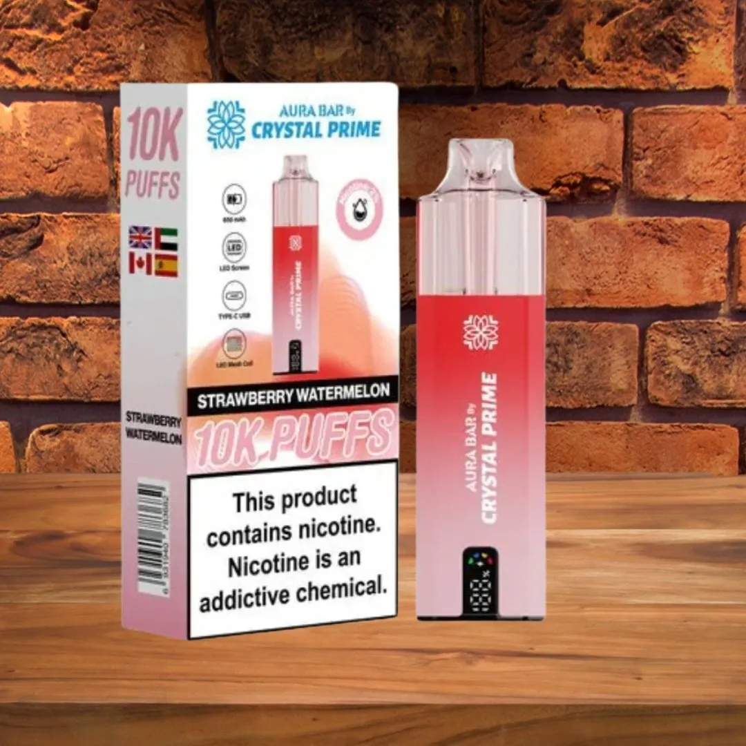 Crystal Prime 10000 Puffs reusable vape in strawberry watermelon flavor with compact design and long-lasting battery.