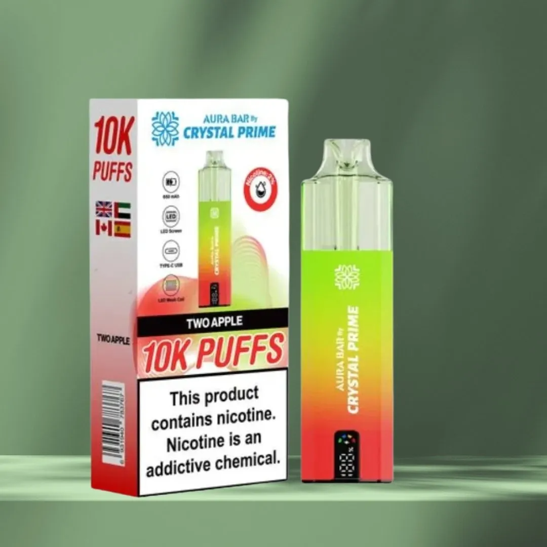 Crystal Prime 10000 Puffs reusable vape in Two Apple flavor with colorful gradient design and nicotine warning label.