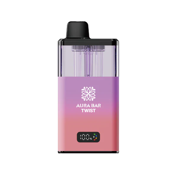 Aura Bar Twist 40K Vape Kit with 850mAh rechargeable battery, LED display, dual-flavour twist mechanism, mesh coil, and 40,000 puffs capacity in pink and purple gradient design
