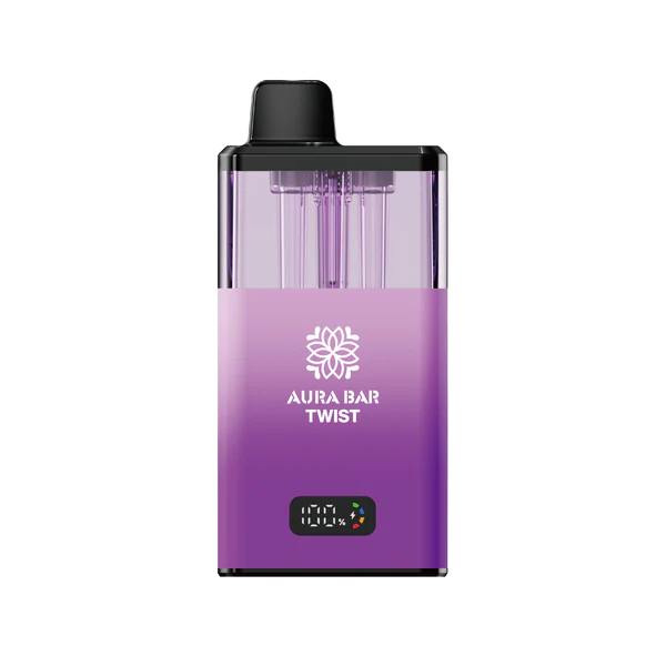 Aura Bar 40K Vape Kit in purple with LED display, dual-flavour twist design, 850mAh rechargeable battery, and mesh coil technology