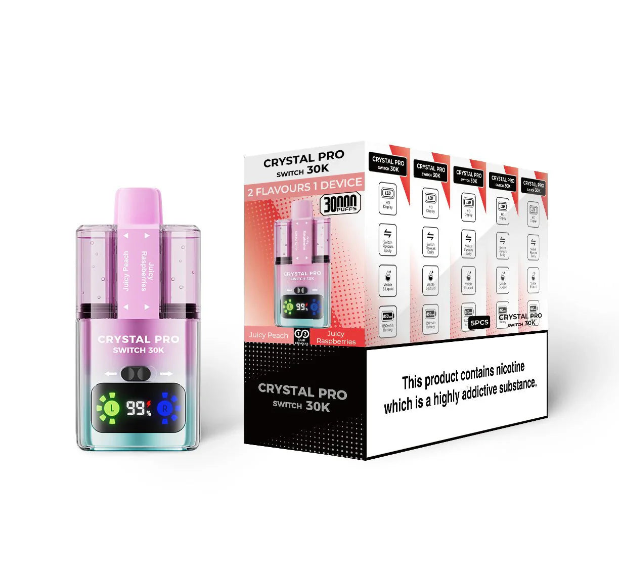 Crystal Pro Switch 30k vape kit box of 5 with dual-flavour technology, high puff capacity, rechargeable 850mAh battery, and HD display.