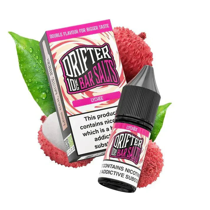 Drifter Bar Nic Salt 10ml lychee flavored e-liquid bottle and box with fresh lychee fruit illustration