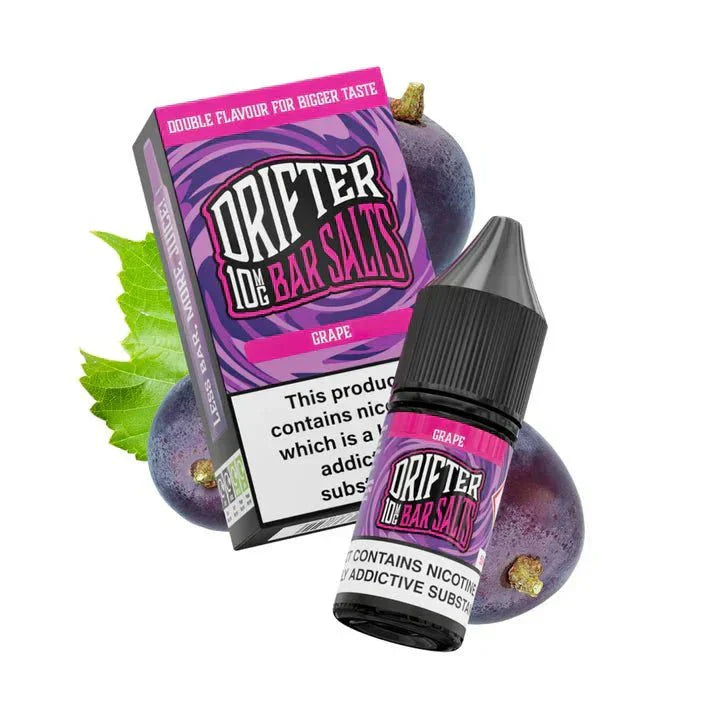 Drifter Bar Nic Salt 10ml e-liquid grape flavor bottle and packaging with fresh grapes background