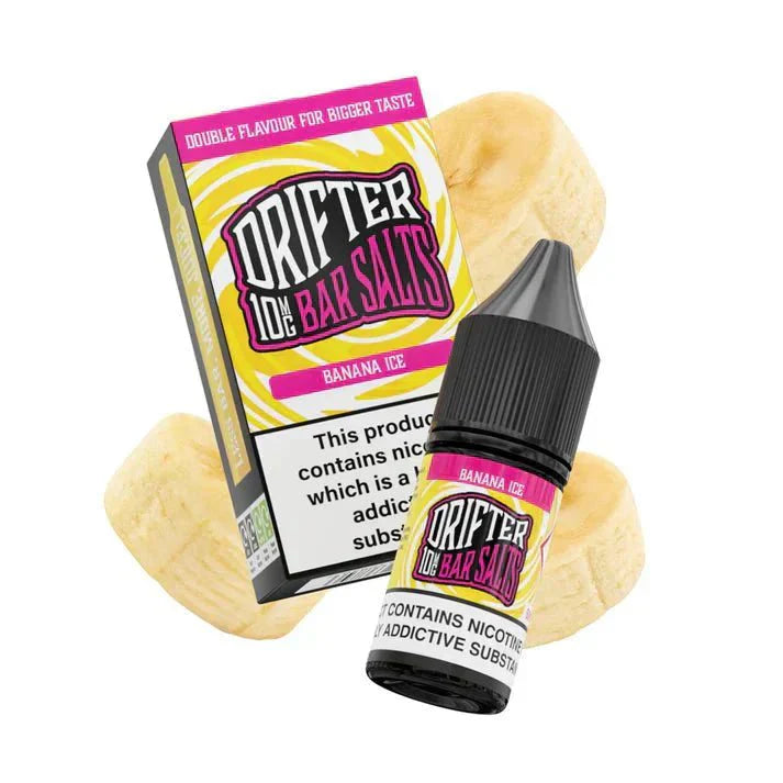 Drifter Bar Nic Salt 10ml Banana Ice nicotine salt e-liquid with bold yellow packaging and banana flavor.