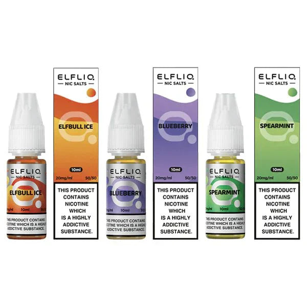 Elf Bar Elfliq 10ml Nic Salt bottles in flavors Elfbull Ice, Blueberry, and Spearmint, each with 20mg nicotine strength and 50/50 VG/PG ratio, in a box of 10.
