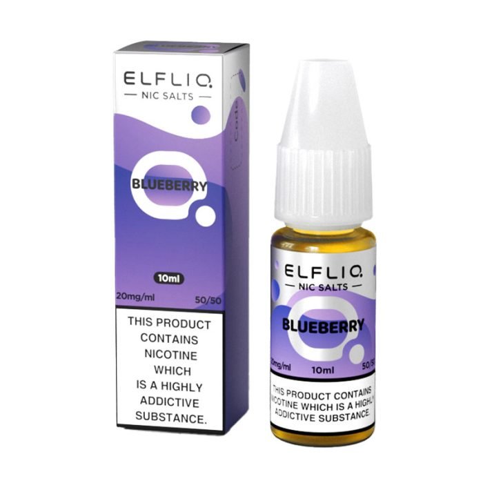 Elf Bar Elfliq blueberry nic salt e-liquid 10ml bottle and box with 20mg nicotine and 50/50 VG/PG ratio