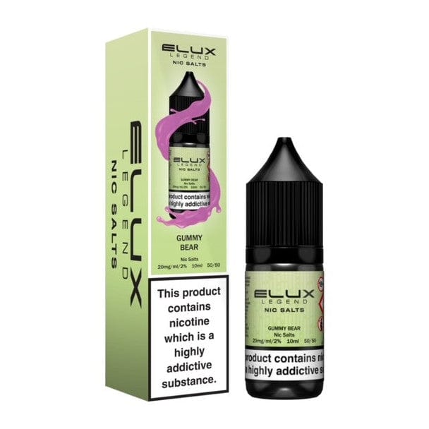 Elux Legend Nic Salts 10ml e-liquid bottle and box with gummy bear flavor, 20mg nicotine strength, 50vg/50pg ratio.