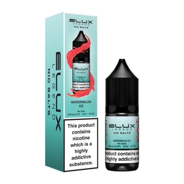 Elux Legend Nic Salts 10ml watermelon ice e-liquid bottle with box, 10mg and 20mg nicotine options, 50vg/50pg ratio, pack of 10