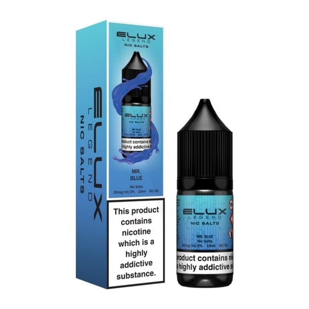 Elux Legend Nic Salts 10ml e-liquid bottle and box with nicotine warning, 50vg/50pg ratio, available in 10mg and 20mg strengths, pack of 10