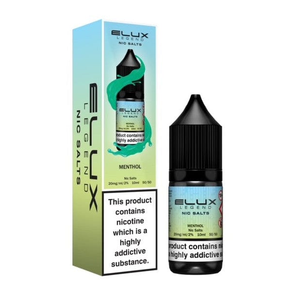 Elux Legend Nic Salts menthol flavor 10ml e-liquid bottle with nicotine warning label and gradient blue-green packaging