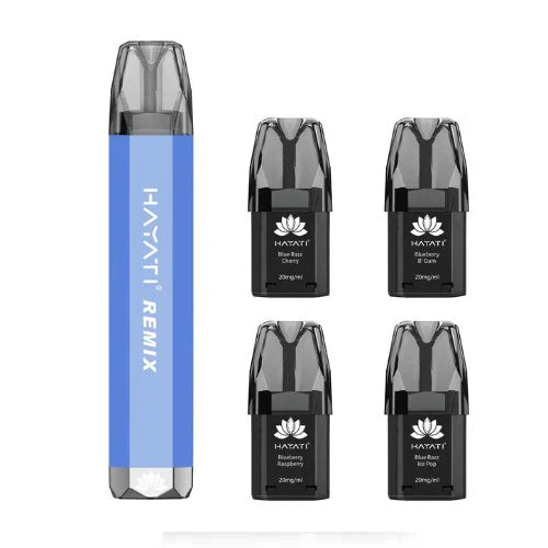 Hayati Remix 2400 reusable vape with blue device and four black prefilled pods featuring blueberry raspberry and blue razz flavors