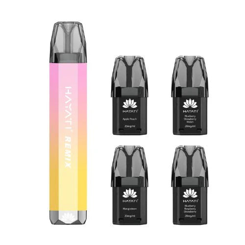 Hayati Remix 2400 reusable vape with 4 prefilled flavored pods including Apple Peach, Blueberry Strawberry Melon, Mangosteen, and Blueberry Raspberry Strawberry.