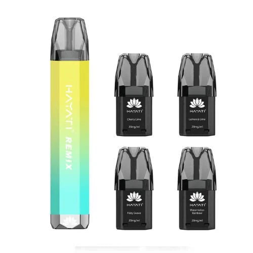 Hayati Remix 2400 reusable vape with four prefilled flavored pods including Cherry Lime, Lemon & Lime, Fizzy Guava, and Watermelon Rainbow.