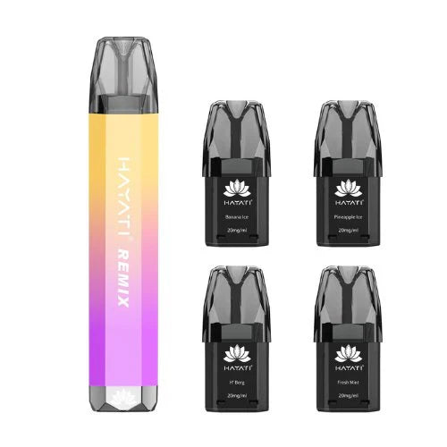 Hayati Remix 2400 reusable vape with four 2ml prefilled flavored pods and advanced mesh coil technology.
